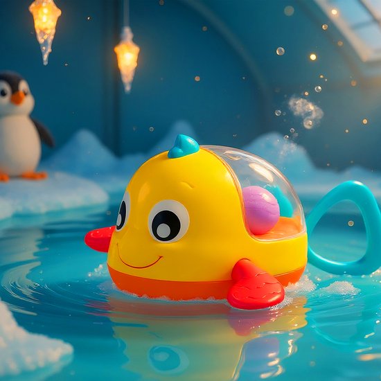 Gele badeend in de vorm van een visje met rode vinnen, blauwe staart, die in het water drijft.