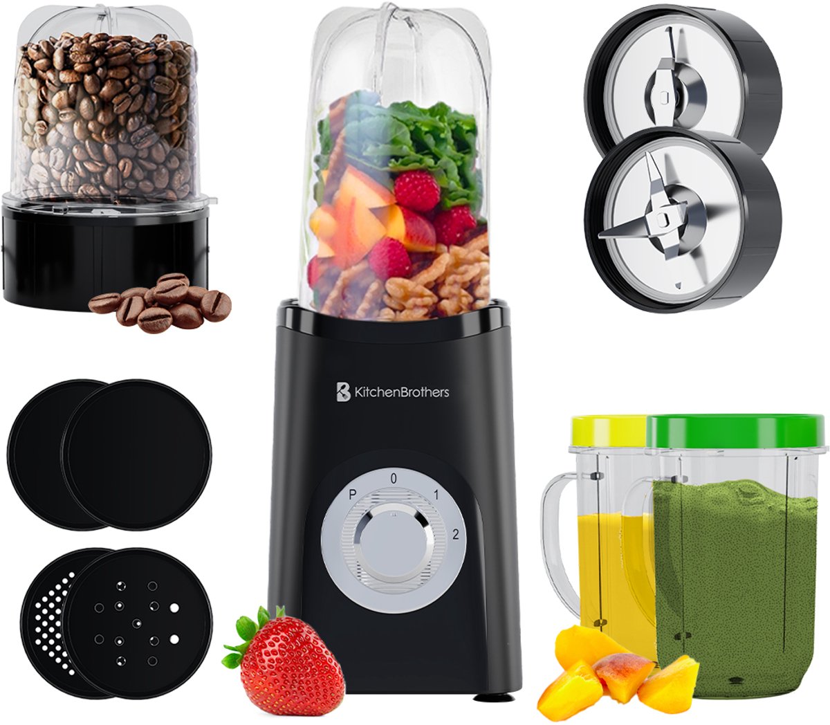 Bol.com KitchenBrothers Smoothie Blender - 2-in-1 - Blender to Go - 4 Bekers - Smoothie Maker To Go - Mini Blender - Zwart aanbieding
