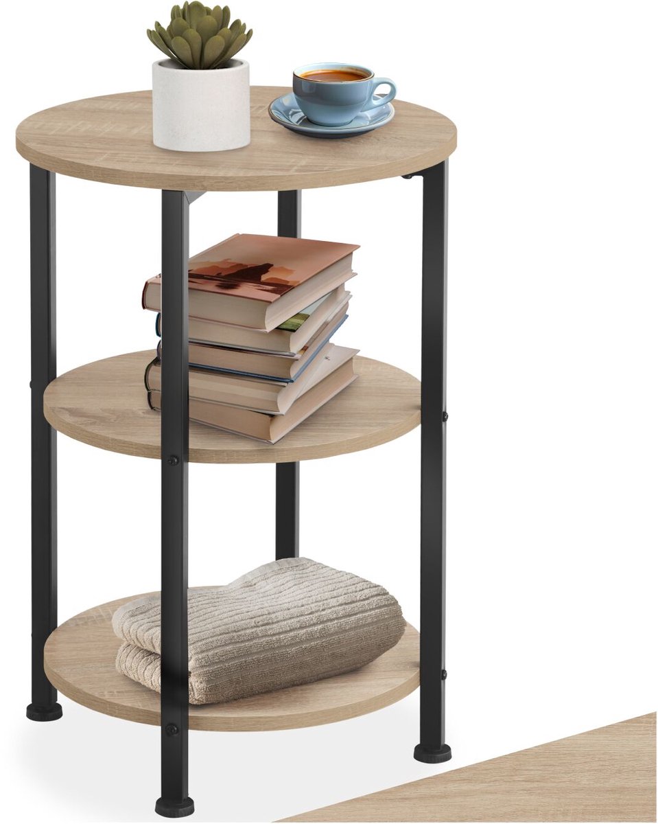 tectake® Ronde Bijzettafel van Hout en Metaal – Industrieel Design, Salontafel met 3 Niveaus, Ø 40x61 cm, Voor Woonkamer of Slaapkamer, Zwart Metalen Frame – Licht Sonoma Eiken