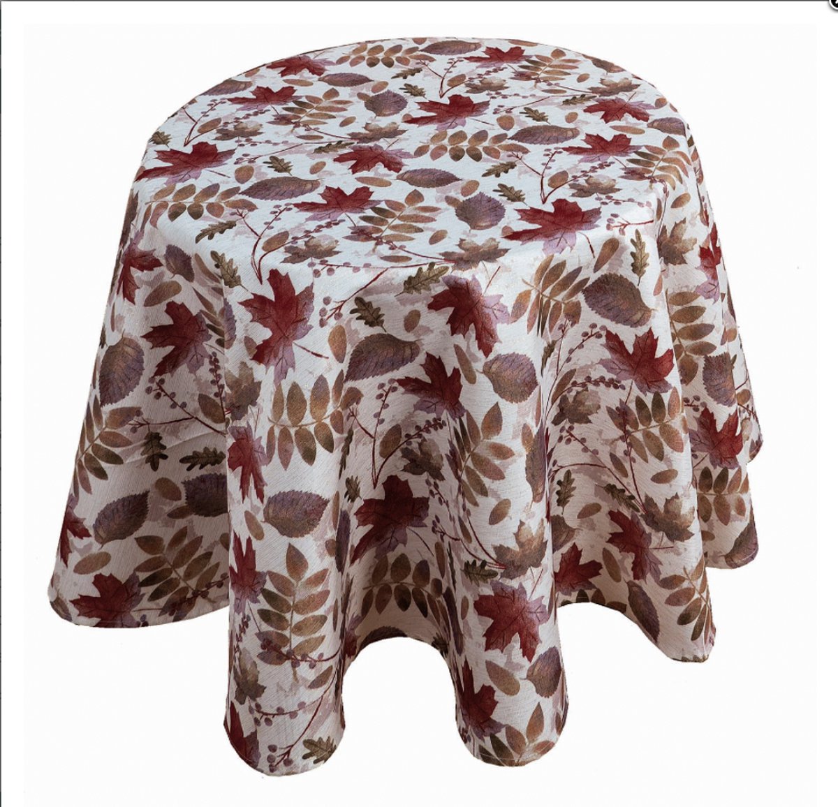 Tafelkleed - Herfstbladeren - Bedrukt - Groen - Rood - met goud glitterdraad - Rond 150 cm