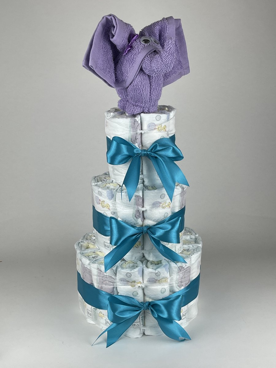 Chouette-Chouette | Luiertaart Meisje | Kraamcadeau | Geboorte Meisje | Babyshower | Olifant Lavendel - Petrol