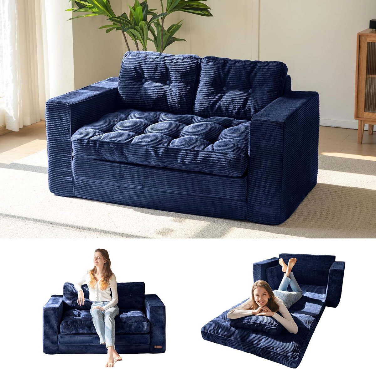 Converteerbare Slaapbank 2-in-1 Loveseat met Kussens – Comfortabele Corduroy Bank voor Woonkamer en Logeerkamer
