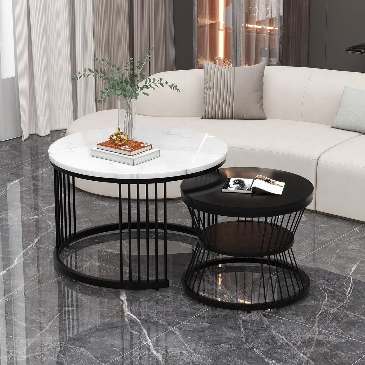 Moderne Ronde Salontafel Set van 2 met Hoogglans Gemarmerd Ontwerp voor Woonkamer en Kantoor