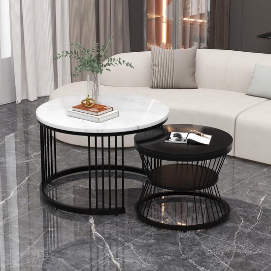Moderne Ronde Salontafel Set van 2 met Hoogglans Gemarmerd Ontwerp voor ...