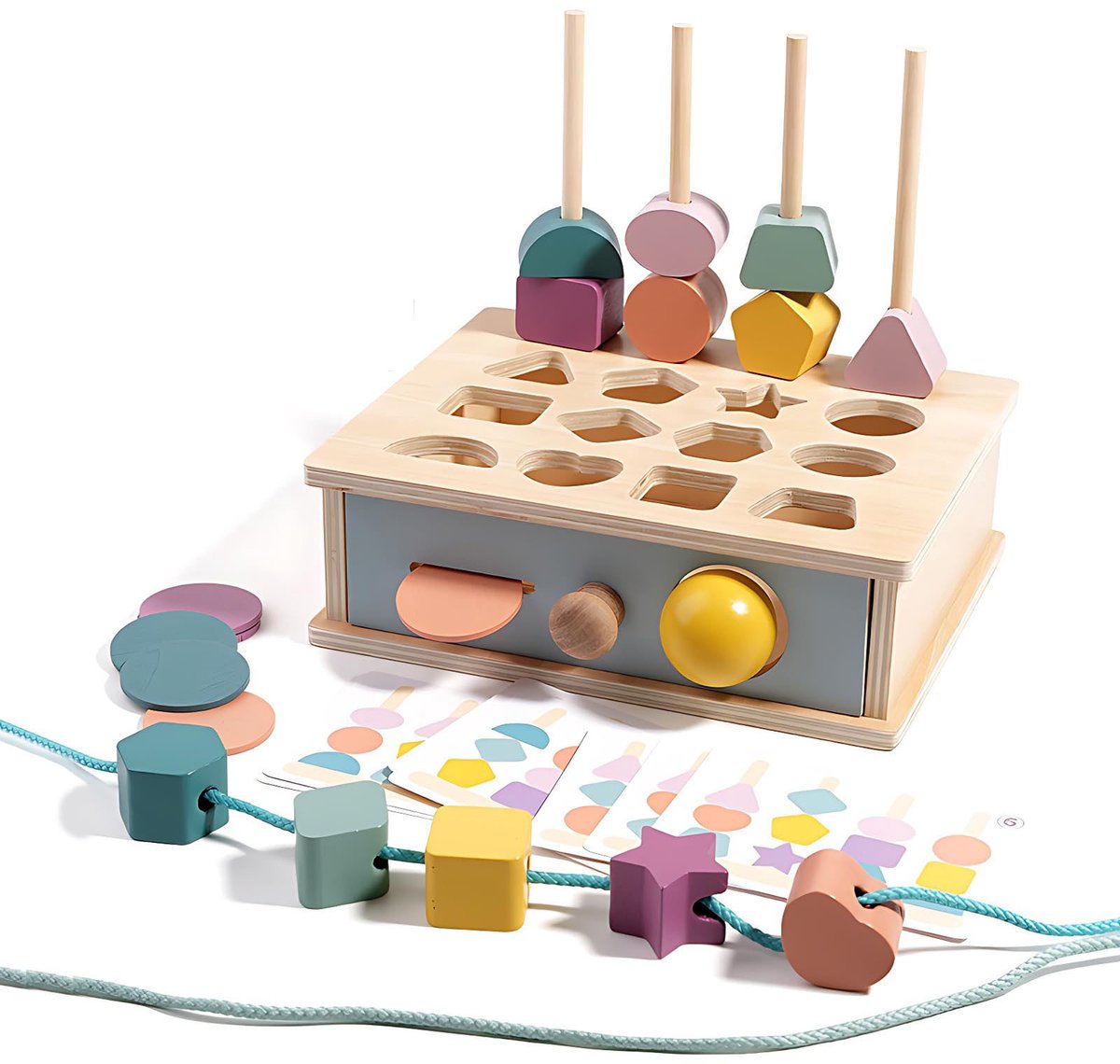 Image of 4-in-1 Montessori Speelgoed - Rijgspel - Sorteerspel - Met Kaarten en Opslagbox - Houten Sorteer- en Stapel Speelgoed - Motorische Vaardigheden Speelgoed vanaf 2 3 4 Jaar