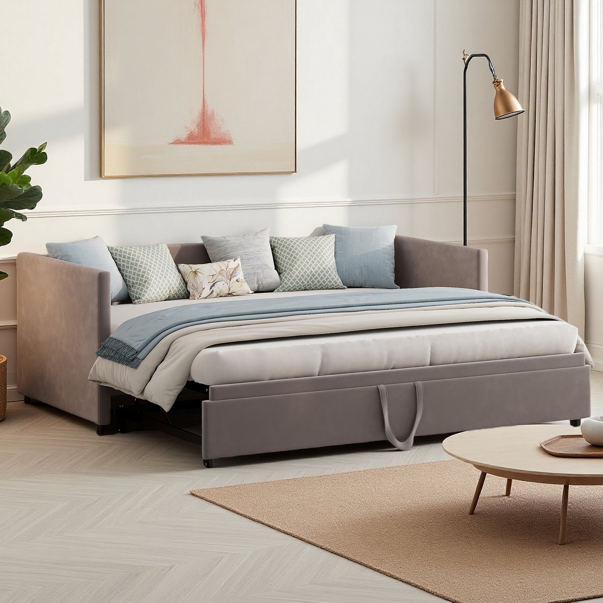 SHOPENTRA Slaapbank 90x200 / 180x200 – Grijze Fluwelen Bedbank, Sofa & Bed in Eén, Uitklapbaar Logeerbed grijs