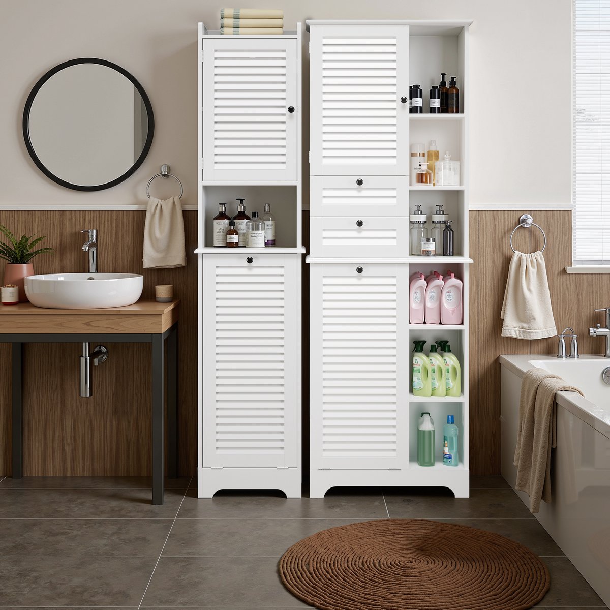 Dcosim Multifunctionele Kledingkast, Lineaire Waskast Met 2 Deuren, Badkamerkolom Met Wasmand 100 Made In Italy 45x32h195 Cm Cement En Wit