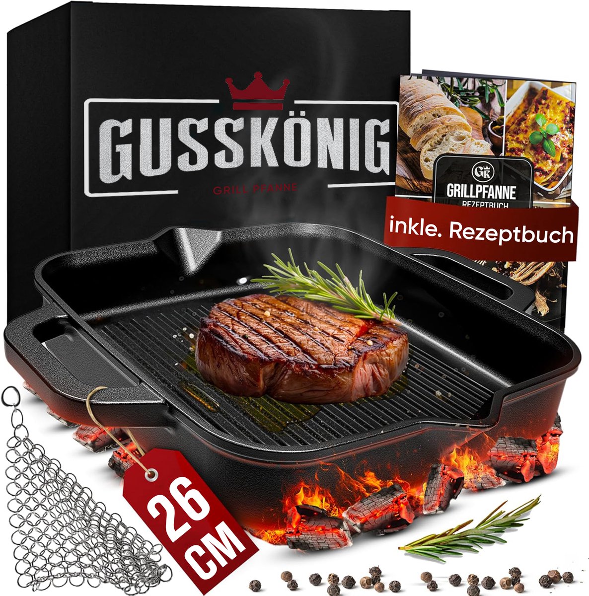 GUSSKÖNIG Grillpan met roestvrijstalen ringreiniger - grillpan inductie - grillpan gietijzer