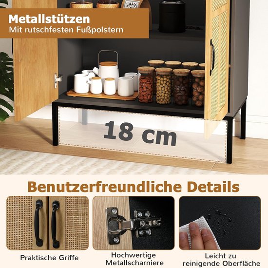 Moderne buffetkast 145x43x78 cm - met 4 deuren - met verstelbare planken en metalen poten - Natuur