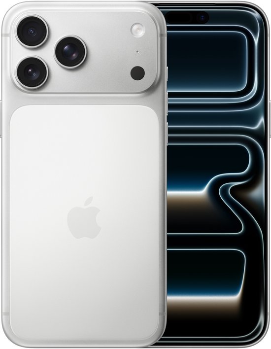 Zilverkleurige iPhone 17 Pro Max, achterkant en voorkant, met abstracte wallpaper.