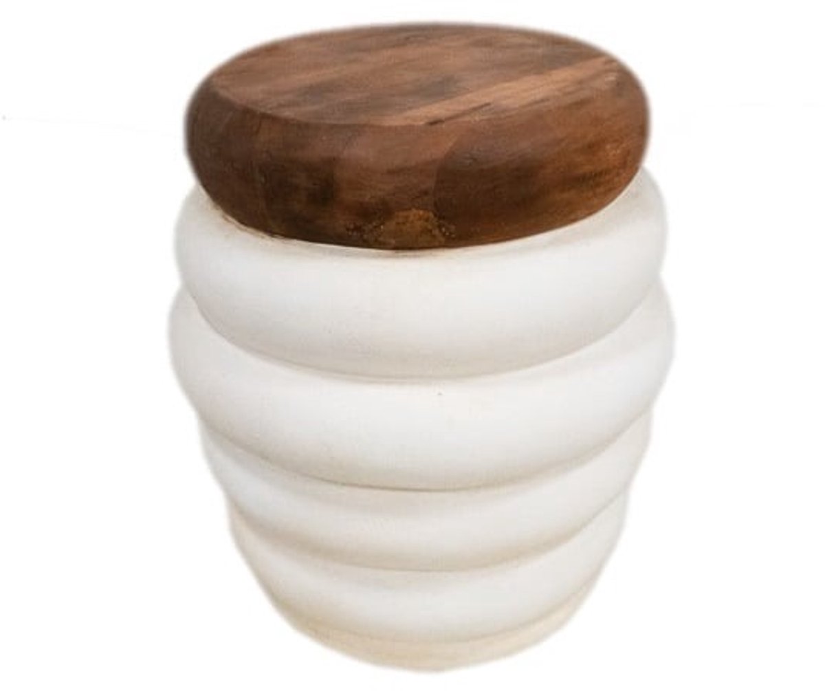 Ronde Bijzettafel Cement & Teak - Solide en Duurzaam - Bruin / Wit - Ø 40 cm x 50 cm