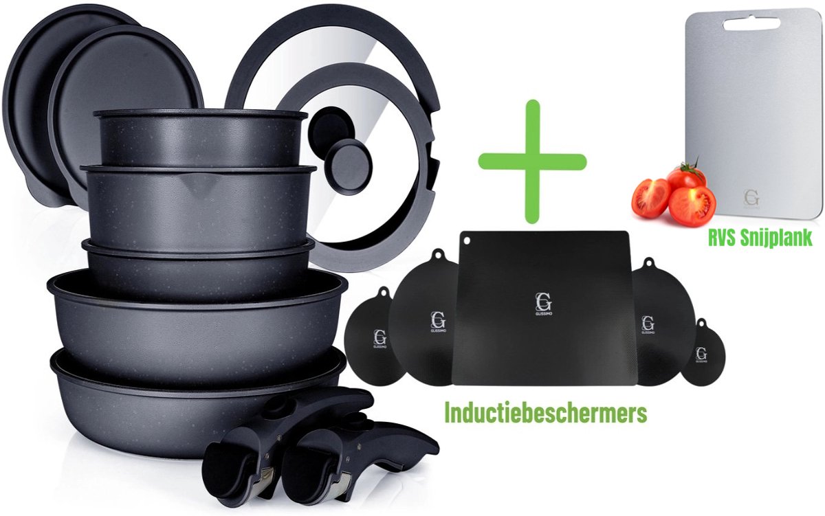 Glissimo Cookware - 21-delige Keramische Pannenset met Inductiebeschermers en RVS Snijplank – Stapelbaar, Afneembare Handgreep, PFAS-vrij, Geschikt voor alle warmtebronnen