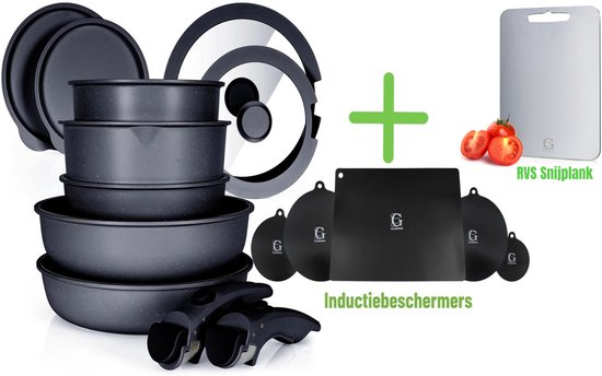 Batterie de cuisine Glissimo - Batterie de cuisine en céramique 21 pièces avec protections pour induction et planche à découper en acier inoxydable - Empilable, poignée amovible, sans PFAS, compatible toutes sources de chaleur