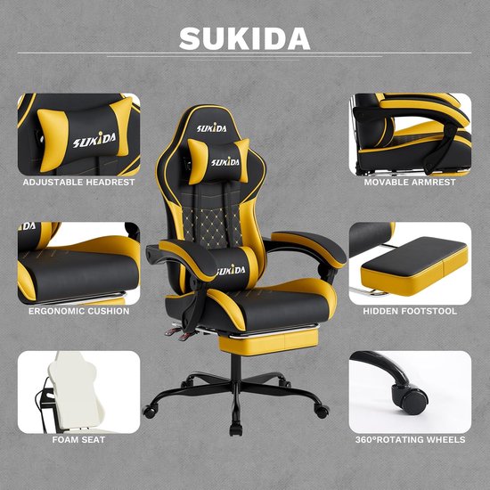 Gele Gamingstoel met Voetsteun en Massagekussen - Ergonomische Spelstoel voor Volwassenen — afbeelding 2