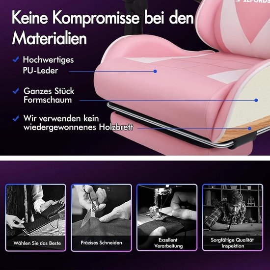 Gamingstoel met Massagepunten en Inklapbare Voetensteun - Ergonomische Racingstoel, Hoogte Verstelbaar, Draagvermogen 180 kg, Roze van Merkloos — afbeelding 4