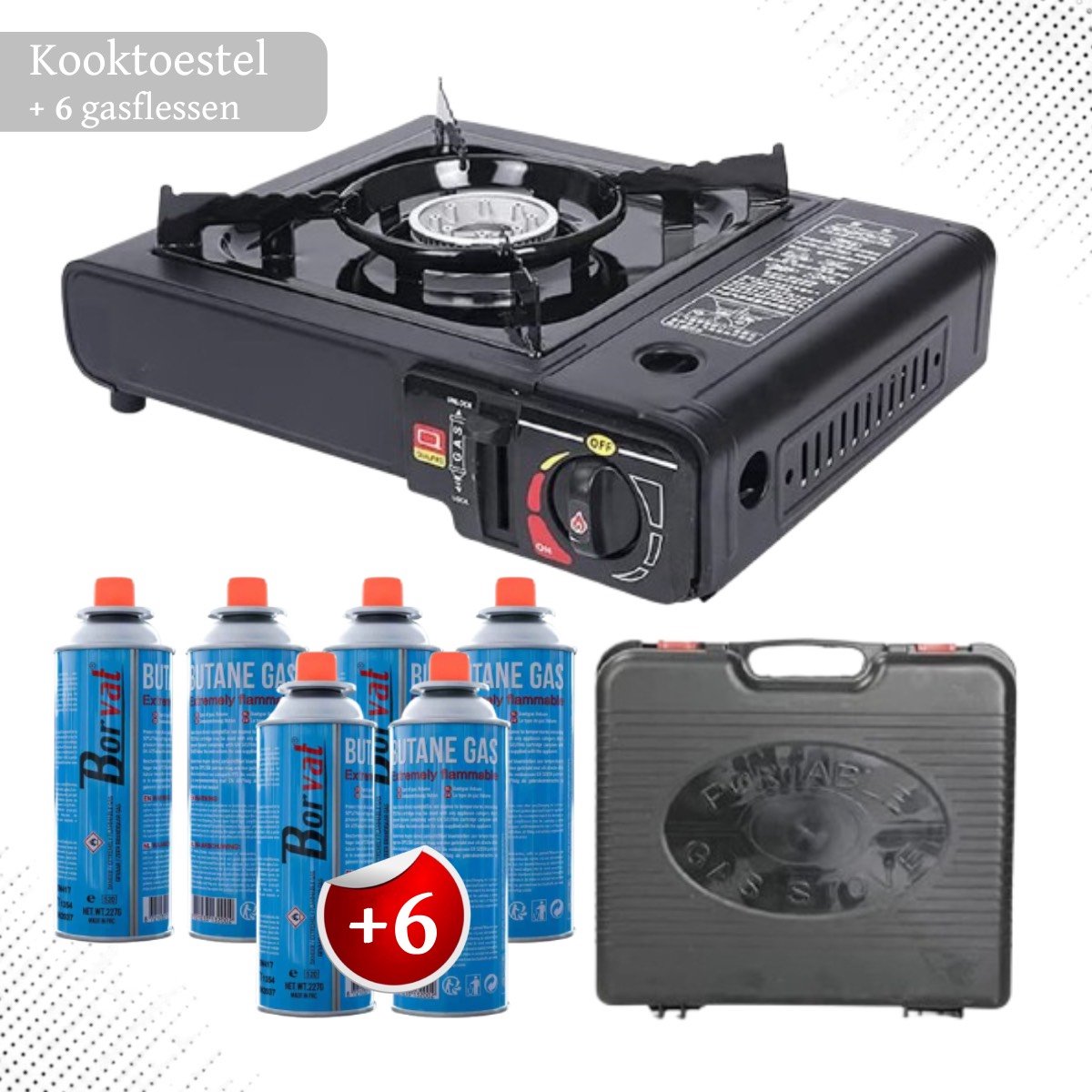 Draagbaar Gasfornuis voor Kamperen met 6 Gasflessen – Ideaal voor Buiten en Noodsituaties