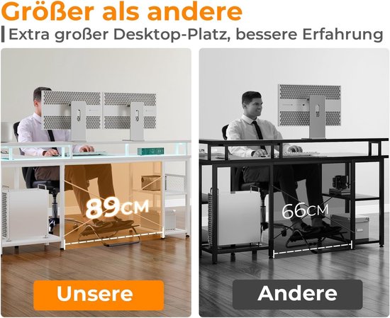Gamingbureau met LED-verlichting, omkeerbaar en groot hoekbureau met extra stopcontacten en USB-poorten van Merkloos — afbeelding 2