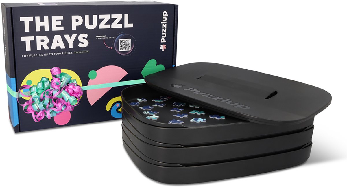 Puzzlup Stapelbare Puzzelbakjes - Set van 6 Design Trays - Deksel Met Doosweergave - Tot 1500 Stukjes - Premium Puzzelaccessoire