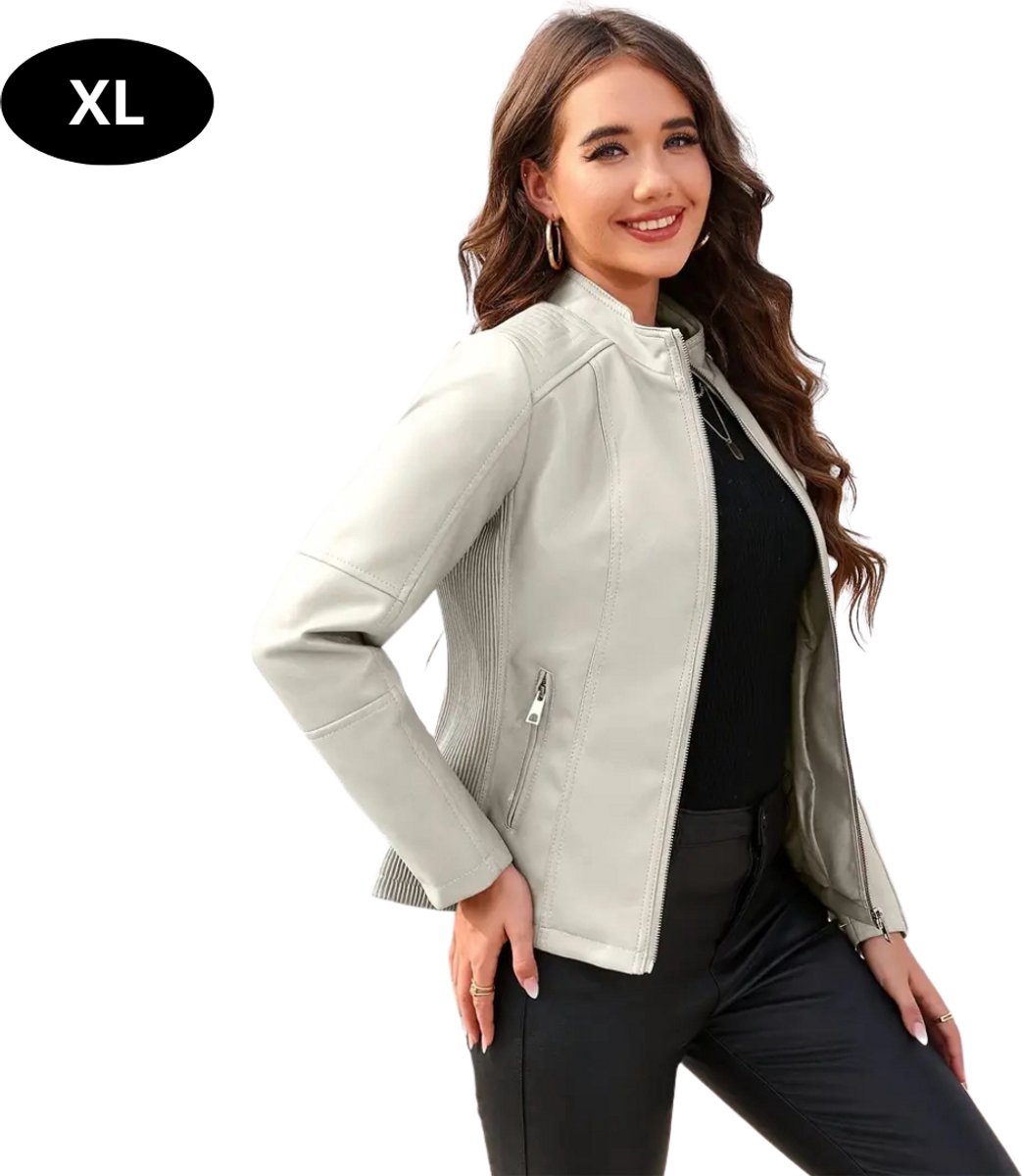 Nivard Kunst Leren Jas Leather Jacket Lederen Jas Bomberjack Pilotenjack Blazer Biker Motorjas Motormuis Dames Beige