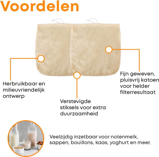 YUGN Étamine Tissu Ortie Sac à Lait de Noix LOT de 2 - Katoen Bio Ecru avec Couture Renforcée - Pour Faire du Lait d'Amande et du Fromage - 35x35cm - Astuce Cadeau