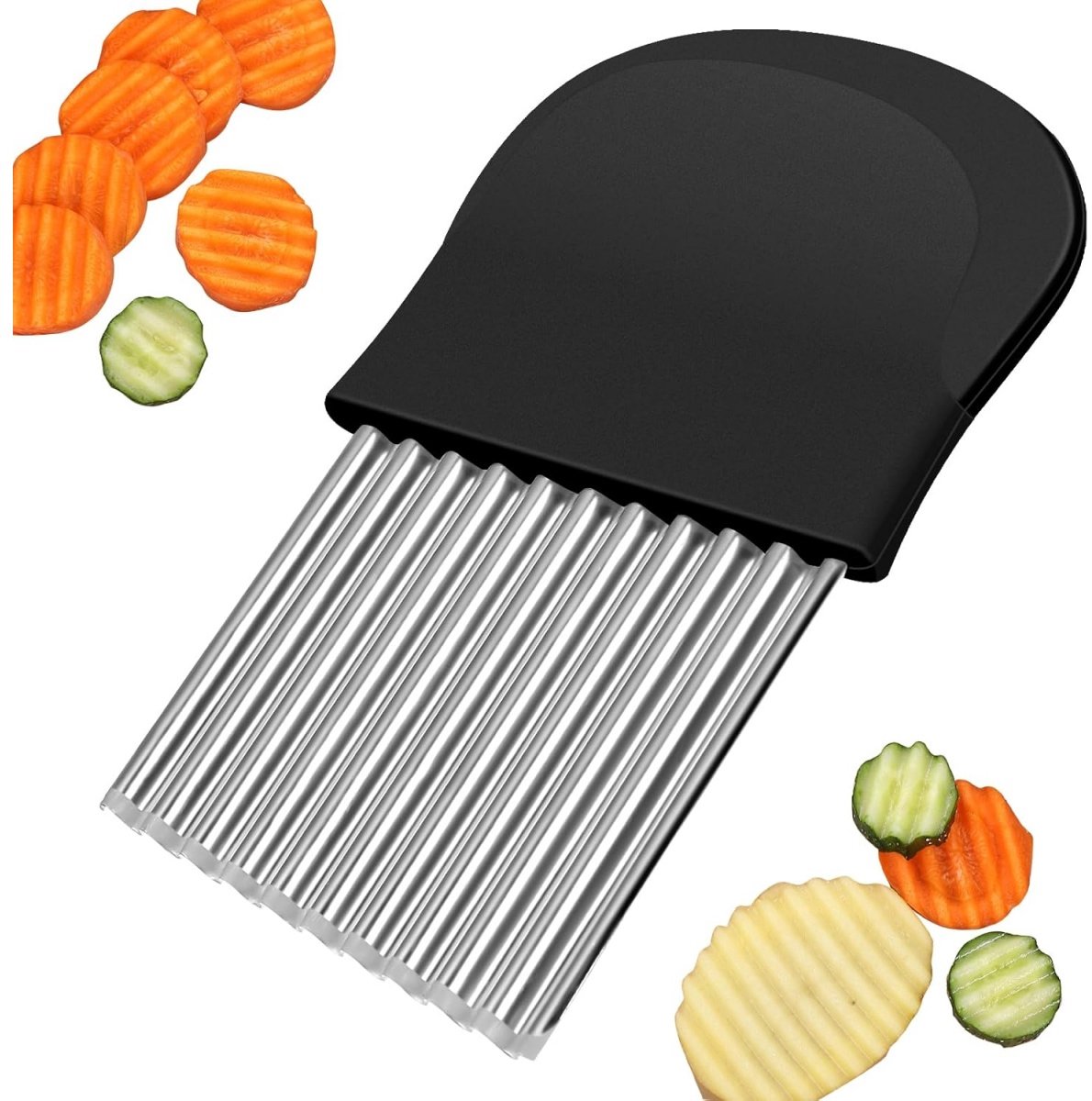 TOVBMUP Aardappelsnijder - Wellenschneider - Riffelmesser met Diepe Golven - Roestvrij Edelstalen Snijblad in 1 Stuk - Gegolfd Mes voor Pommes, Groenten, Fruit en Komkommers - Mat Zwart Antislip Handvat - Vaatwasserbestendig - 14x9,5 cm