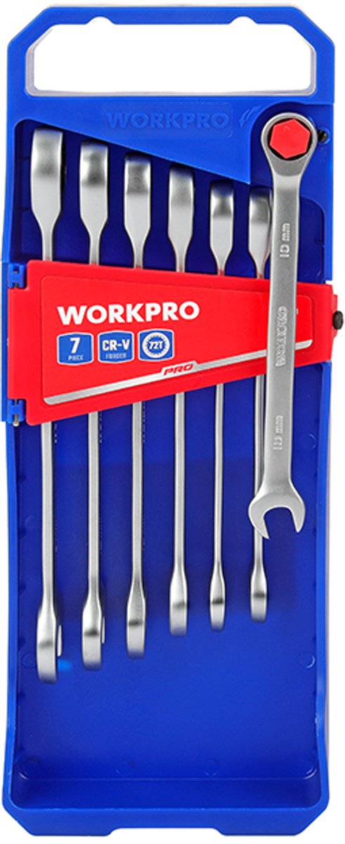 WORKPRO Ratel-Ringsteeksleutelset 7-delig – Metrisch 10-16 mm – CR-V Staal – 72T Ratelkop – Professionele Steeksleutelset- WP202511