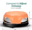 Oranje pizza gourmetset op aanrecht, met afmetingen 33 cm breed en 16 cm hoog.