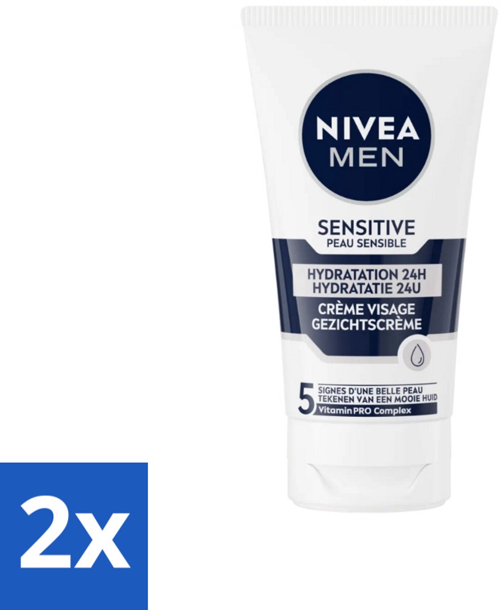 2 x NIVEA MEN - Sensitive - Dagcrème Gezicht - 75 ml - Gevoelige Huid - Gezichtscrème - Huidverzorging - Kamille - Vitamine E