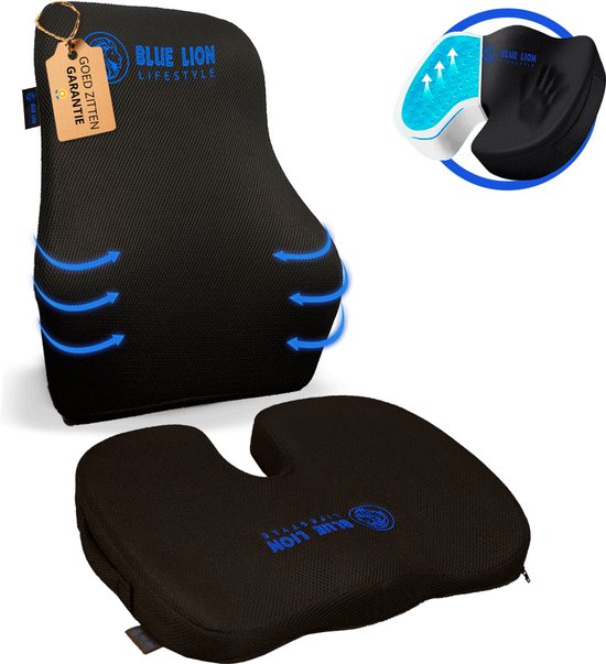 Coussin orthopédique Blue Lion avec gel et support dorsal (taille L) - Coussin ergonomique pour le coccyx et le dos pour bureau ou canapé - Coussin de chaise - Groot