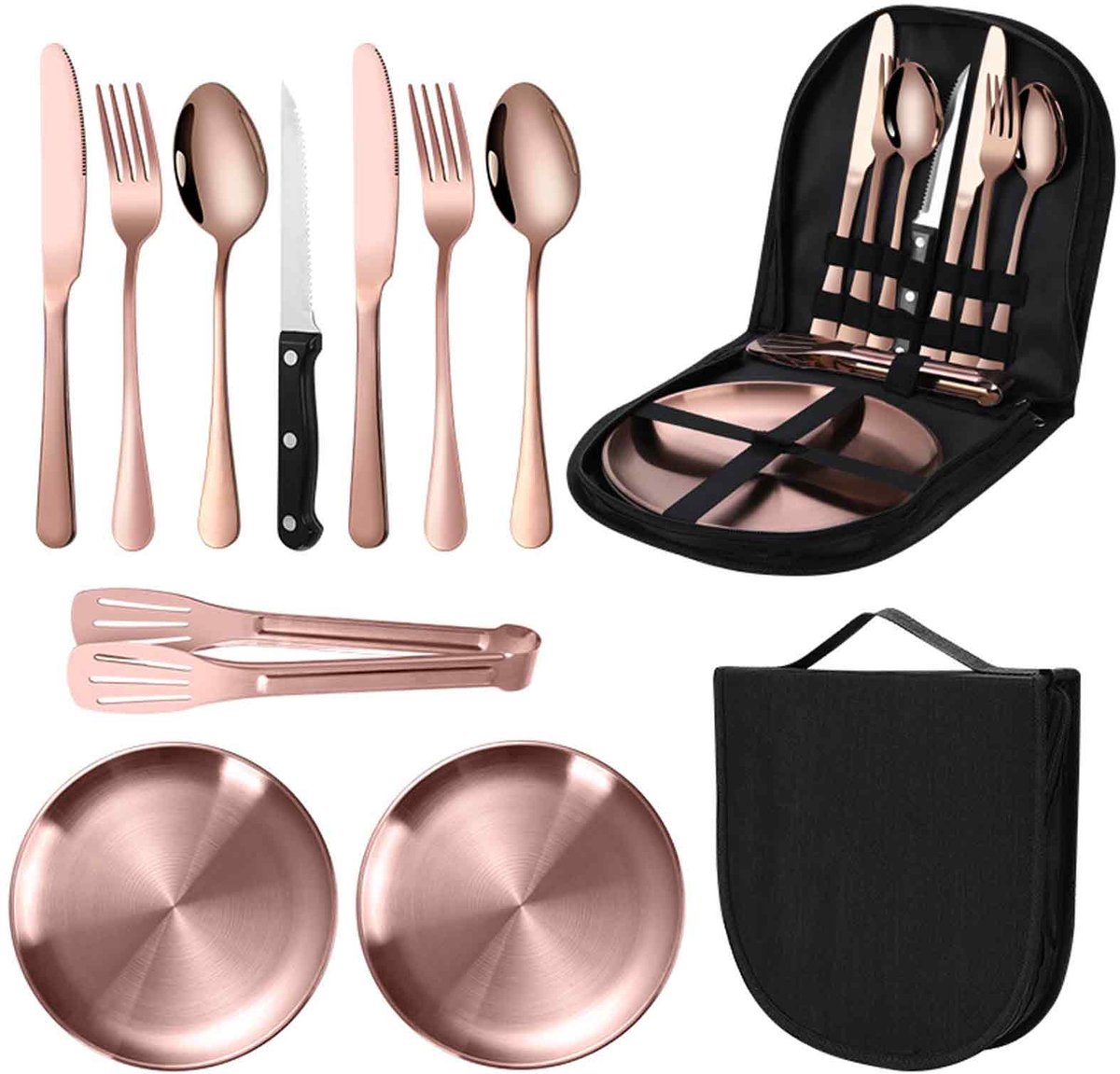 longziming -Campingbestek Set – Compact & Draagbaar met Opbergtas, Inclusief Messen, Vorken, Lepels, Borden & Broodclip – Ideaal voor Kamperen, Picknicken & Outdoor