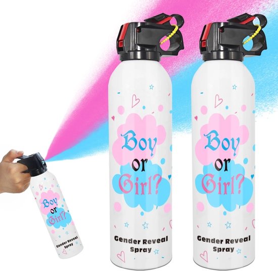 Twee witte poederkanonnen met 'Boy or Girl?' en hartjes/sterren. Spuiten roze en blauwe rook.