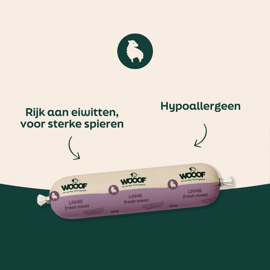 Een verpakking lamsworst van Wooof met Nederlandse tekst: 'Rijk aan eiwitten, voor sterke spieren' en 'Hypoallergeen'.