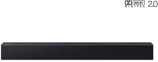 Zwarte soundbar met een roosterpatroon aan de voorkant. Dolby Digital 2.0 logo bovenaan.