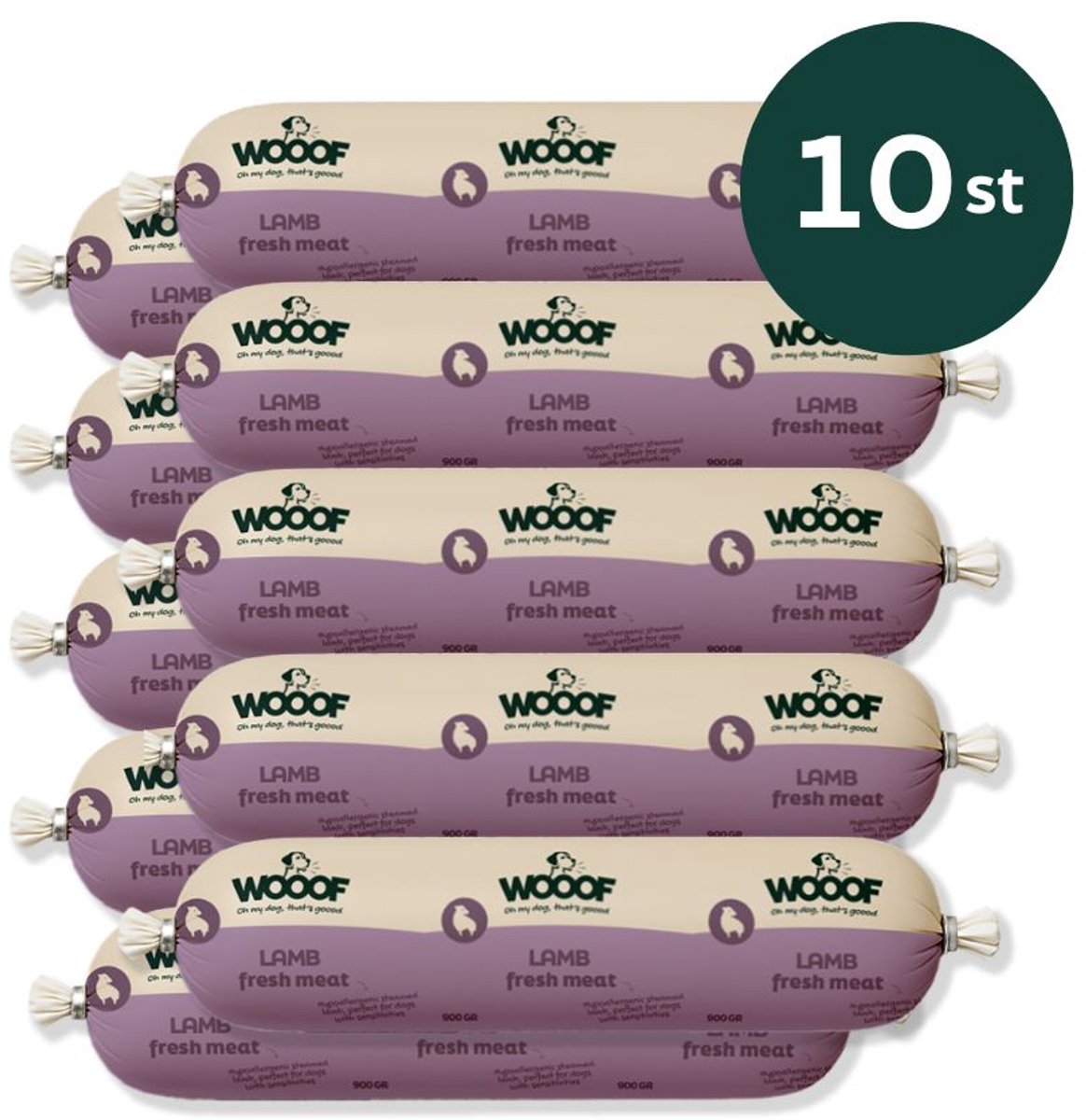 WOOOF Honden worsten Lam worsten - Vers vlees natvoer - Houdbare worsten hondenvoer lam - 10x 800gram