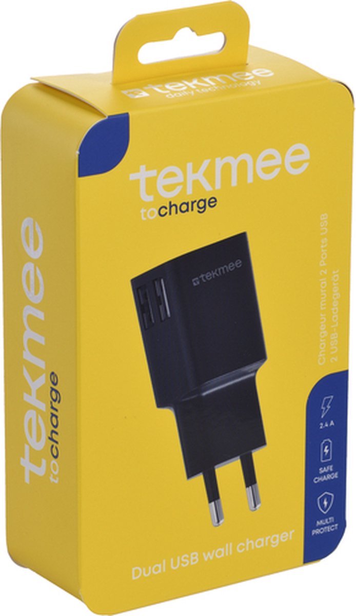 Tekmee Dual USB Oplader – Snellader - Adapter – 2 Poorten - Zwart