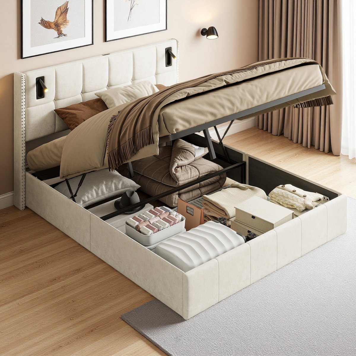Opbergbed Luxe Beige Fluweel Boxspring met Opbergruimte en 2 - afbeelding 2