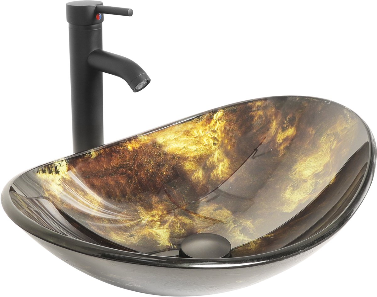 Puluomis Wastafel - Waskommen - Glas - Ronde - Wastafelkraan zwart - Afvoerplug - Waterpijp - geel