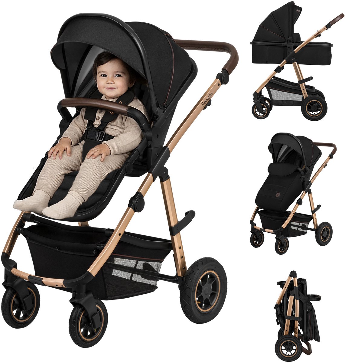 Lionelo Amber 2in1 - Kinderwagen 2 in 1 - Reiswieg + Buggy - Vanaf geboorte tot 22 kg (0-4 jaar) - Luchtbanden - Volledige Vering - Comfortabel Ligmatras - Snel Inklapbaar - Luiertas - Klamboe - Regenhoes - Verschoonmatje - Wandelwagen - Baby Peuter – foto 3