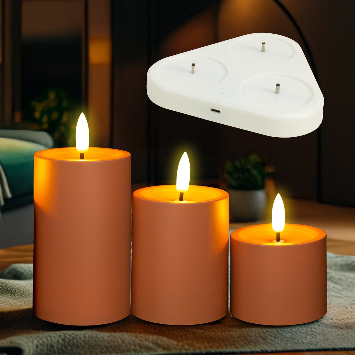 Aurae oplaadbare LED stompkaarsen – bruin (set van 3)