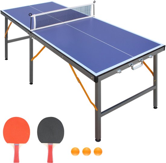 Opvouwbare pingpongtafel met net en batjes, tafeltennistafel voor binnen en buiten, blauw speeloppervlak, inclusief 2 batjes en ballen, extra stabiel ontwerp met 6 poten voor kinderen en volwassenen