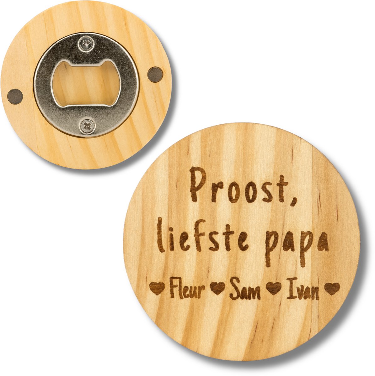 Houten opener met magneten – Gegraveerd en gepersonaliseerd met Namen – “Proost, liefste papa” – Persoonlijk en uniek cadeau Vaderdag / Papa