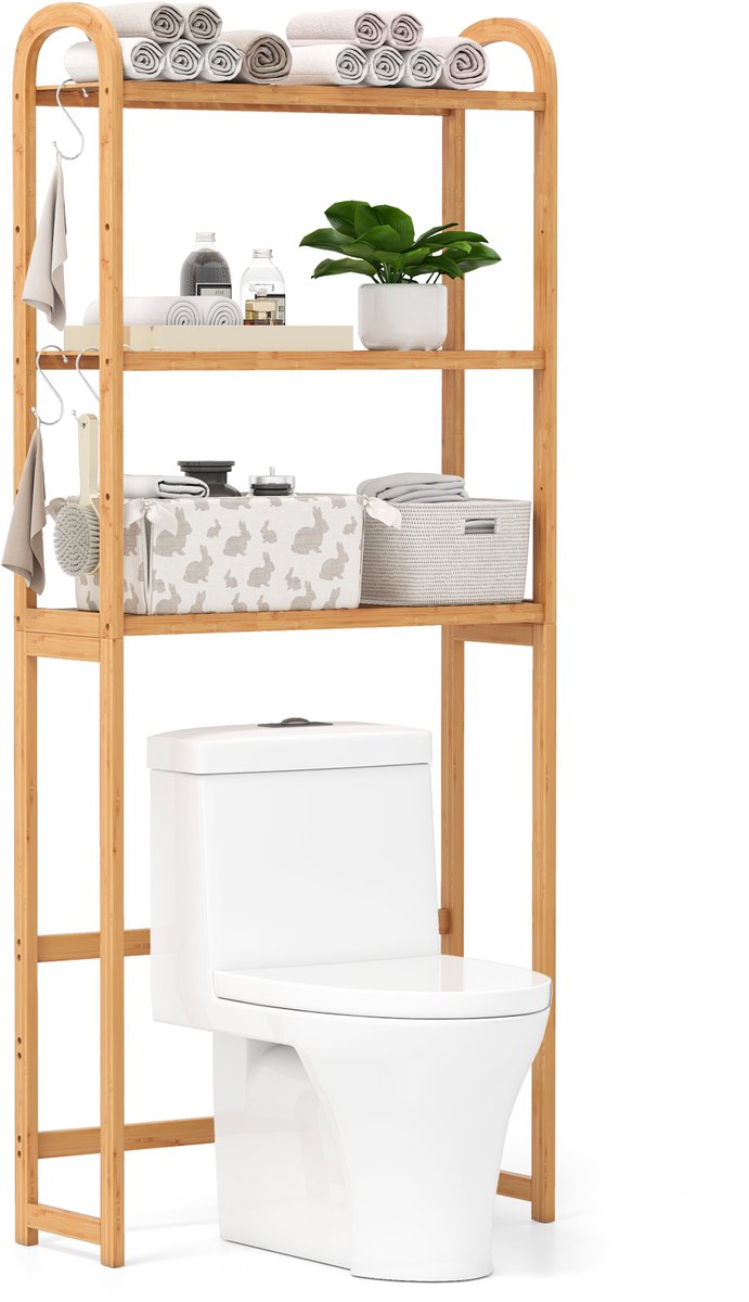 COSTWAY 3-traps toiletrek van bamboe, badkamerrek, bovenbouwkast, vrijstaand, toiletkast met 3 haken, wasmachinerek, 71,5 x 25 x 166 cm
