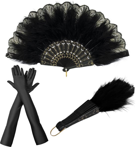 Spring Fan 1920s Vintage Style Hand Fan Folding Folding Handheld Spring Fan with Black Satin Gloves for 20s Vintage Gatsby Party Wedding Party Dance Photo Shoot