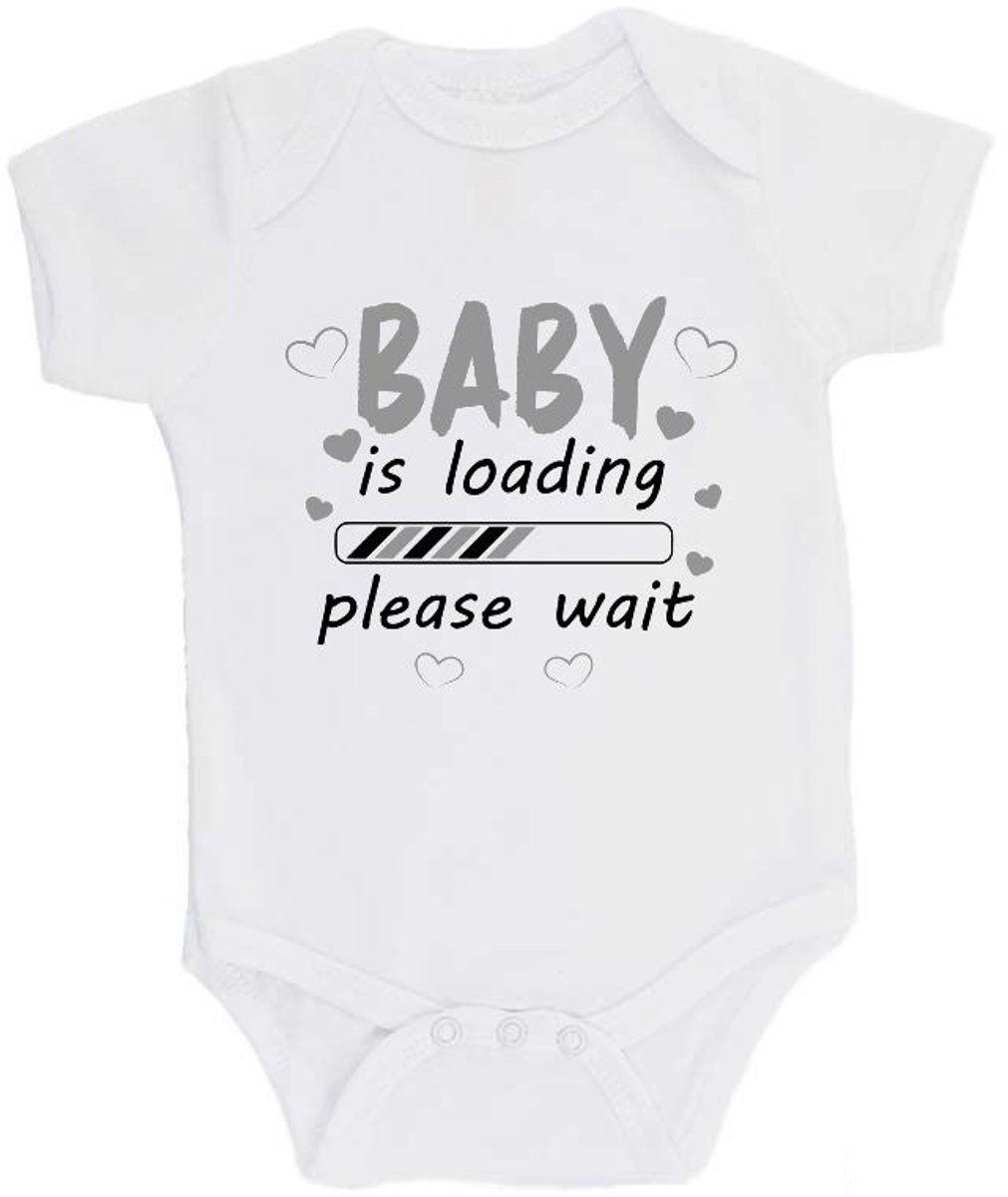 100% katoenen Romper bedrukt met grappige tekst Kado Cadeau Kraamkado Kraamcadeau "Baby is loading" 2.0 Unisex Katoen Wit/zwart/grijs Maat 56/62