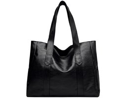 Leren damestas - Ritssluiting - Binnenzak - Handvat aan de bovenkant - Werk-/school-/winkeltas (zwart)