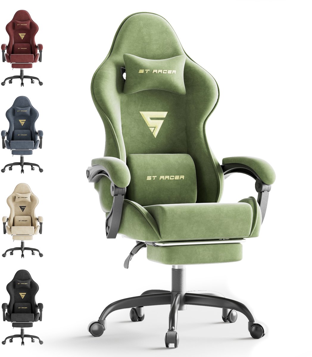 Soontrans Ergonomische Gamingstoel Met Hoofdsteun en Voetsteun Gaming Stoel Van Stof, Gamerstoel Hoogwaardige PC - Stoel Verstelbare Gaming Chair Comfortabele Gamestoel Van Stof, Ideaal Voor Gamen op Kantoor, Groen
