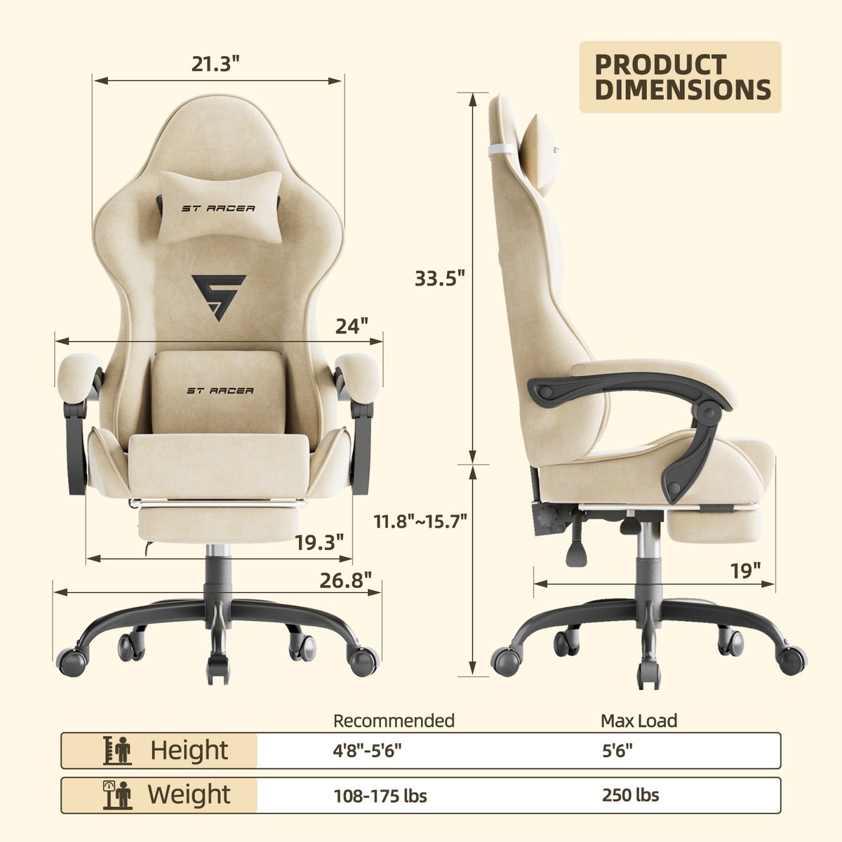 Soontrans Ergonomische Gamingstoel Met Hoofdsteun en Voetsteun Gaming Stoel Van Stof, Gamerstoel Hoogwaardige PC - Stoel Verstelbare Gaming Chair Comfortabele Gamestoel Van Stof, Ideaal Voor Gamen op Kantoor, Rijst – foto 6