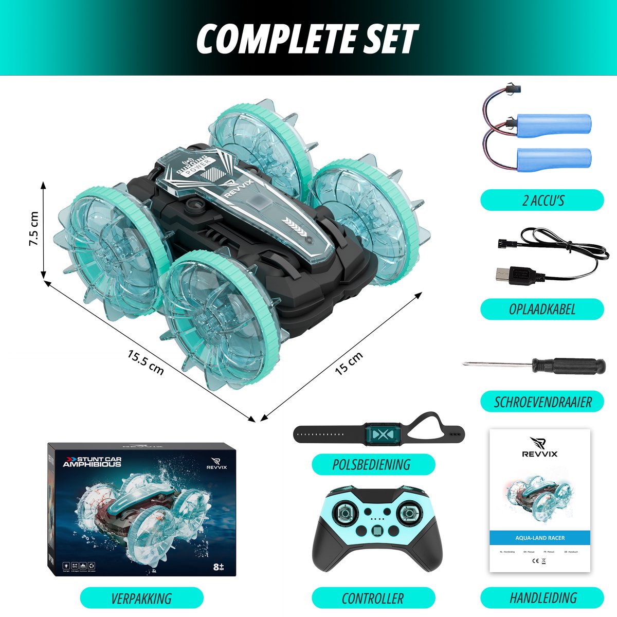 Revvix Bestuurbare Auto All-Terrain - RC Auto met 2 Accu's - Waterdicht - Speelgoed Auto Jongens - Buitenspeelgoed - Race Car/Boot Land & Water - Radiografisch — afbeelding 3