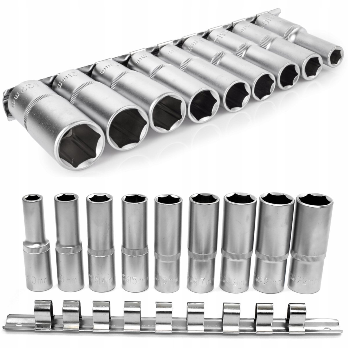Lange DOPDOP doppen 10-22mm 1/2" 9-delige set op rail