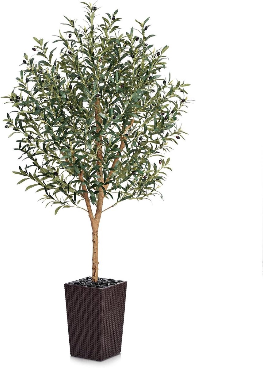 Provento Kunstmatige olijfboom 180 cm, grote kunstplant voor binnen en buiten, met pot van gevlochten kunststof, bruin, uv-bestendig, decoratie huis balkon tuin.